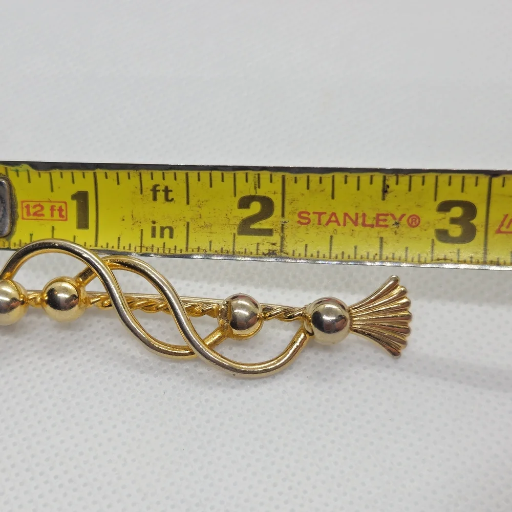 Vintage Gold Tone Swirl & Ball Bar Designer Brooch or Pin